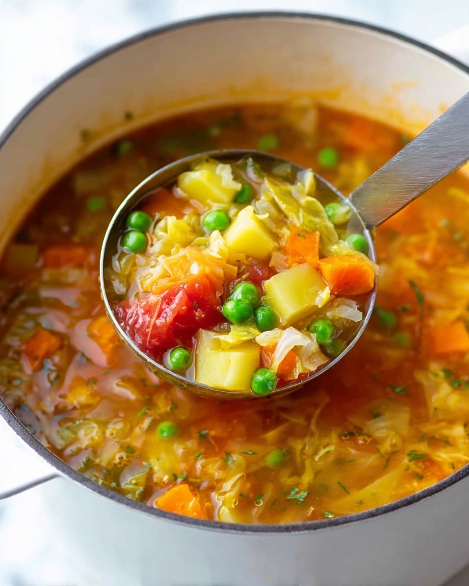 A close-up view of vegetable soup in a white pot with a metal ladle lifting a scoop of colorful soup filled with three main layers: the top layer shows bright green peas, the middle layer has soft yellow potato pieces, orange carrot cubes, and translucent white onion chunks, while the bottom layer contains red tomato pieces and some light green cabbage leaves, all floating in a clear orange broth with small bubbles and herbs scattered throughout, set on a white marbled surface photo taken with an iphone --ar 4:5 --v 7