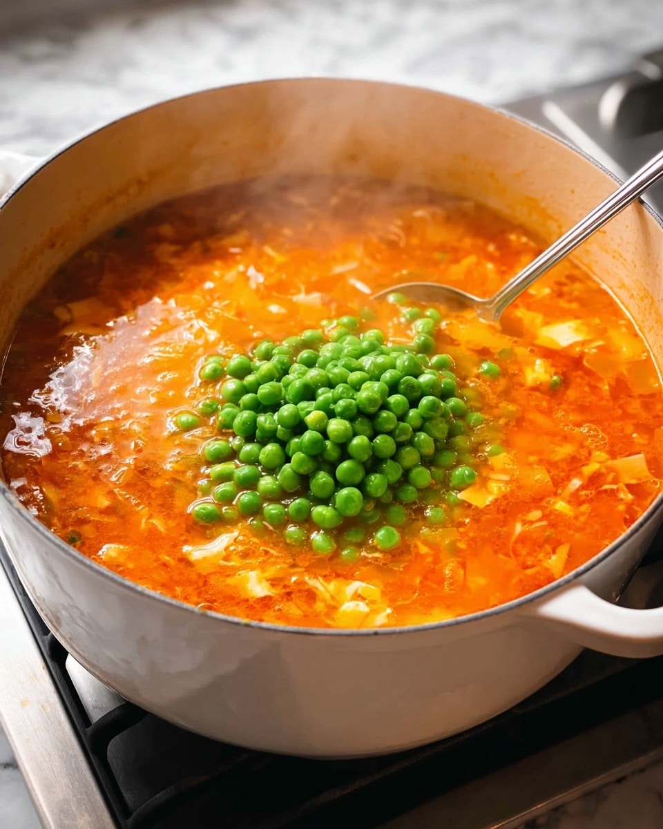 A white pot filled with a bright orange soup that has visible chopped vegetables and small pieces floating in the broth. On top, there is a mound of fresh green peas placed in the center as the newest layer. The soup looks thick with steam rising from it, showing it is hot. The pot is on a stove with a white marbled surface around it. A metal spoon is held above the pot, as if about to stir the peas into the soup. photo taken with an iphone --ar 4:5 --v 7