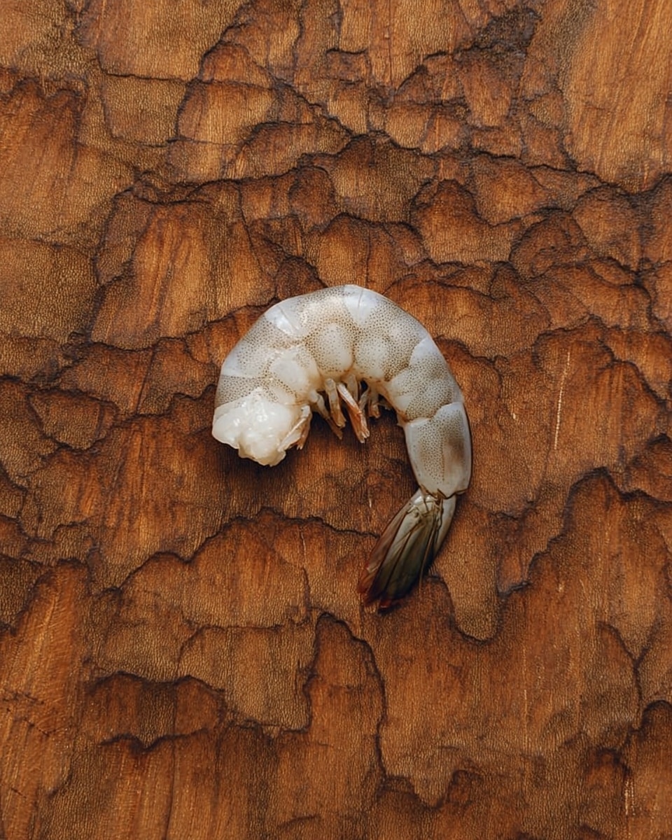A single raw shrimp is centered on a wooden surface with a rich brown color and distinct grain patterns. The shrimp has a translucent white body with subtle pinkish tones near the tail, which is clumped with dark green and black shades. The texture of the shrimp appears smooth and moist, and it forms a gentle curve with its tail touching the surface. The background shows the detailed rough wood texture, which contrasts with the softness of the shrimp. photo taken with an iphone --ar 4:5 --v 7