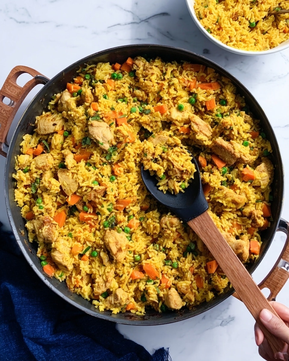 A large pan filled with yellow rice mixed with small orange carrot slices and green peas. There are pieces of cooked chicken mixed throughout, giving a brownish color that blends with the rice. A wooden spoon with a black scoop rests inside the pan, slightly lifting some rice. The pan sits on a white marbled surface, and a woman's hand holds the spoon. A white bowl with more rice is partially visible at the top, accompanied by a dark blue napkin on the right side of the pan. photo taken with an iphone --ar 4:5 --v 7