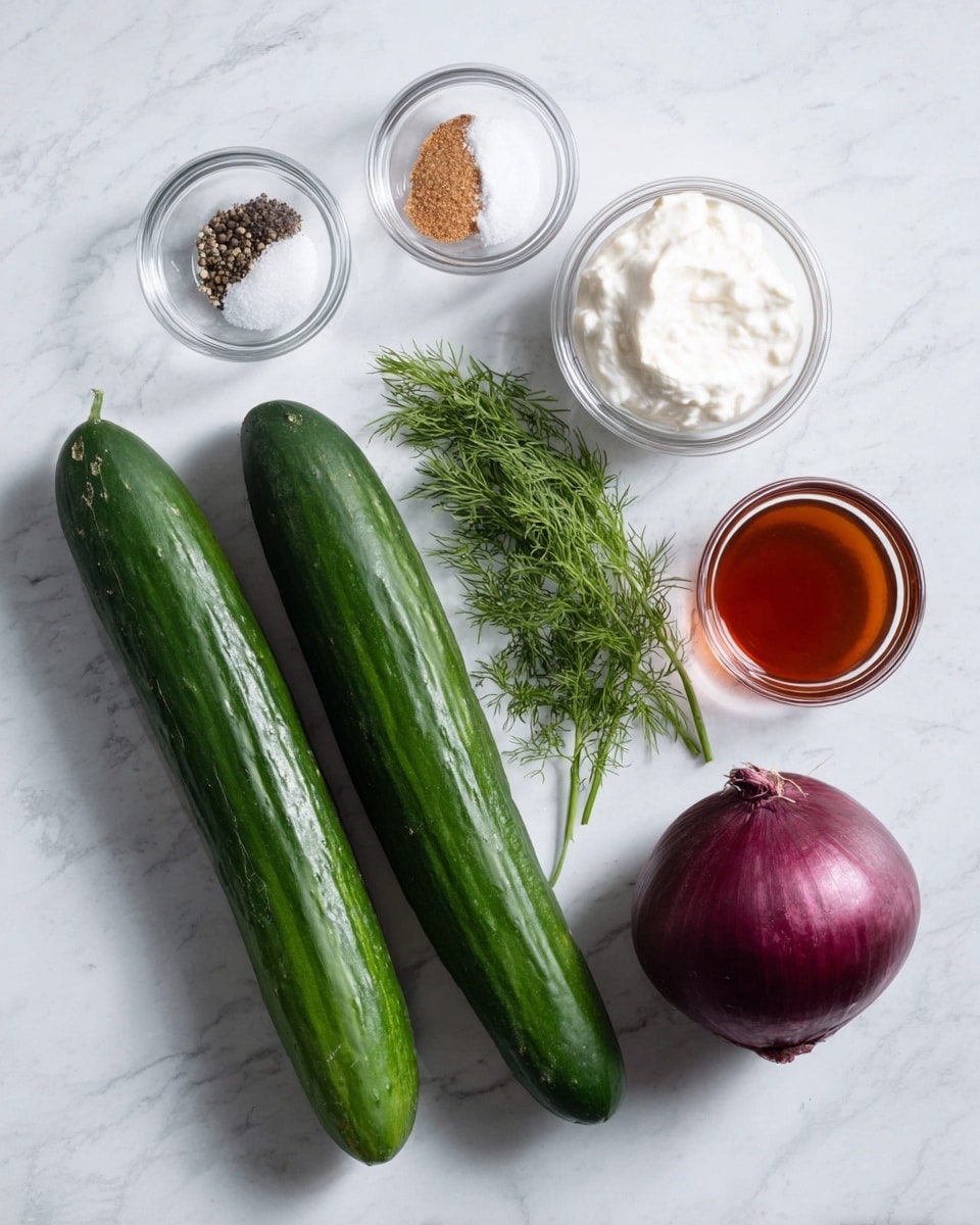 Two long green cucumbers lay horizontally at the bottom of the image on a white marbled surface. Above them, from left to right, are three clear glass bowls: the first with white salt, black pepper, and light brown garlic powder, the second with fine white salt, and the third with white thick cream. Near these bowls is a sprig of fresh green dill, and next to it is a whole small dark purple onion. To the far right, there is another small clear glass bowl filled with a reddish-brown liquid. The whole setup is clean and neatly arranged. Photo taken with an iphone --ar 4:5 --v 7