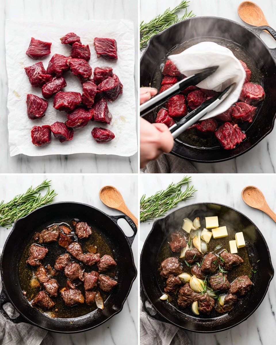 The image is divided into four parts showing the process of cooking beef chunks. The first part shows dark red raw beef pieces on white parchment paper with a woman's hand holding a white paper towel over some meat. The second part shows the red beef pieces frying in hot oil inside a black cast iron pan with a black and white tong holding one piece. The third part shows the beef now brown and seared with steam coming off, still in the black pan on a white marbled surface. The fourth part shows the browned beef in the pan with pieces of garlic, green rosemary sprigs, and two small cubes of butter on top, alongside a wooden spoon. Photo taken with an iphone --ar 4:5 --v 7