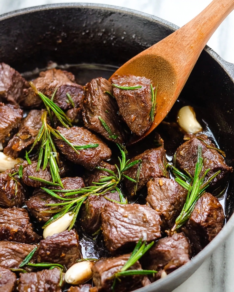 A close-up of cooked beef pieces, dark brown with a slight shine, sitting in a deep black cast iron pan. The beef chunks are mixed with fresh green rosemary sprigs and whole white garlic cloves. Some beef pieces are held on a wooden spoon above the pan, showing their thick, juicy texture and light grill marks. The pan and food rest on a white marbled surface. The overall look is hearty and rustic. Photo taken with an iphone --ar 4:5 --v 7