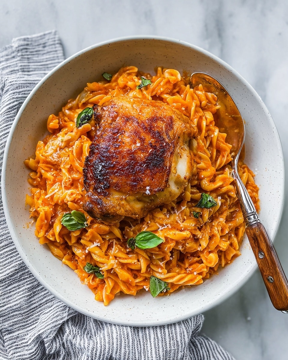 A white bowl sits on a white marbled surface holding a dish with two main layers. The bottom layer is a creamy tomato pasta made of small twisted noodles coated evenly in a thick, rich orange-red sauce, with bits of grated cheese and small green basil leaves scattered throughout. On top of the pasta is a crispy cooked chicken thigh, browned with a golden and textured skin that shows some darker charred spots. A wooden-handled spoon with a shiny metal part dips into the pasta from the right side. The edge of the bowl has a lightly speckled texture, and there is a striped cloth partly under the bowl. photo taken with an iphone --ar 4:5 --v 7