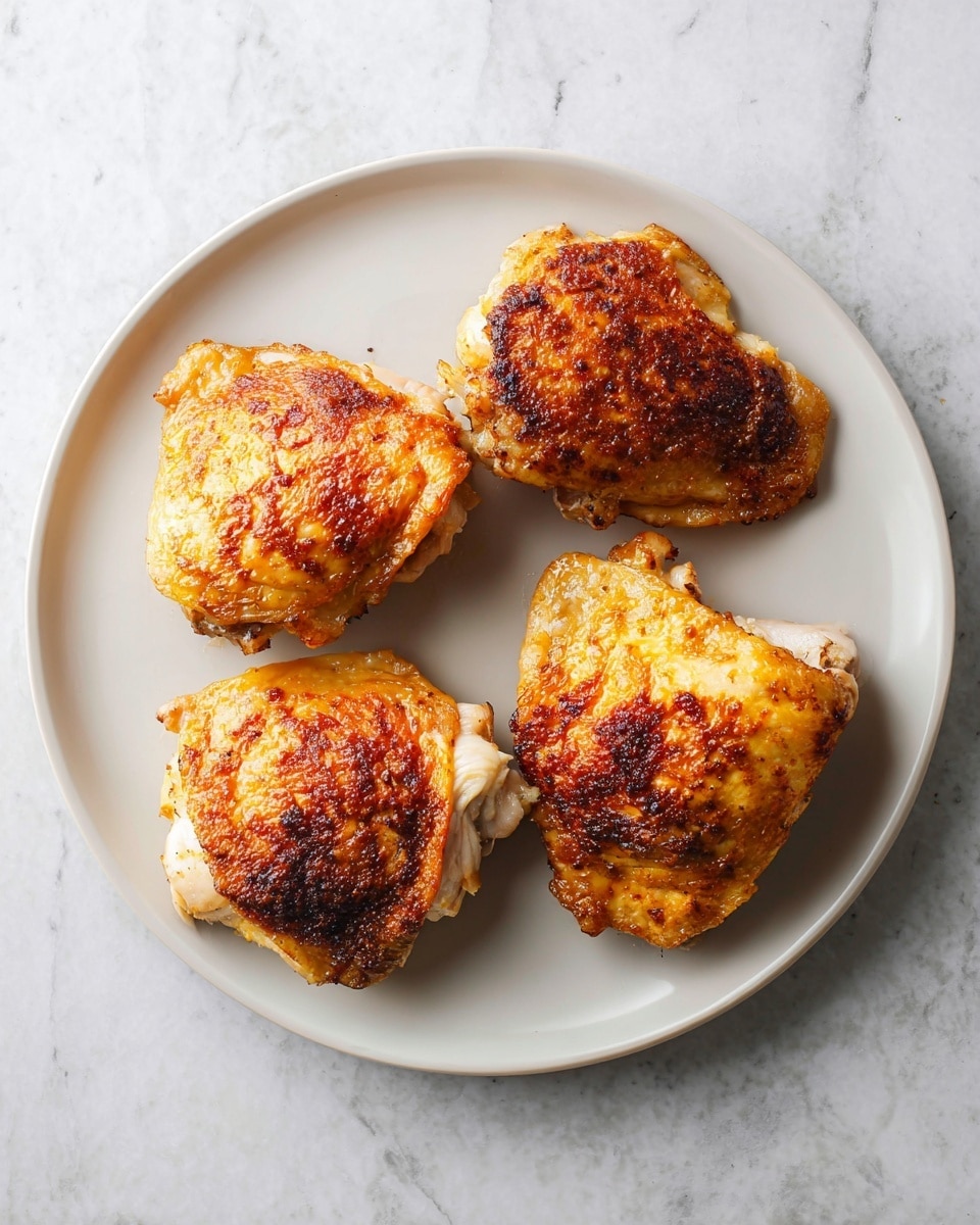 The image shows four pieces of cooked chicken thighs arranged evenly on a white plate. Each piece has a crispy, golden-brown skin on top, with some parts darker and slightly charred. The texture of the skin looks crunchy and well-roasted, while the chicken meat underneath is pale and juicy with some smoothness showing around the edges. The plate sits on a white marbled surface, creating a clean and simple background that highlights the rich colors and textures of the chicken photo taken with an iphone --ar 4:5 --v 7