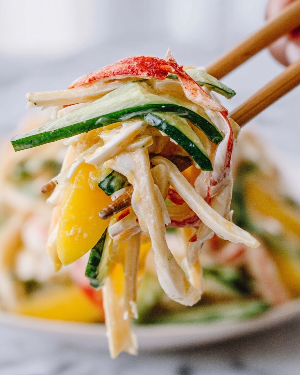 A close-up of chopsticks holding a mix of creamy salad ingredients: long, thin green cucumber slices, red crab sticks with white parts, flat light beige strips that look like noodles, and bright yellow chunks that seem like mango or egg. The salad is coated with a shiny, smooth sauce. The background shows a soft white marbled texture, keeping focus on the colorful mix. photo taken with an iphone --ar 4:5 --v 7