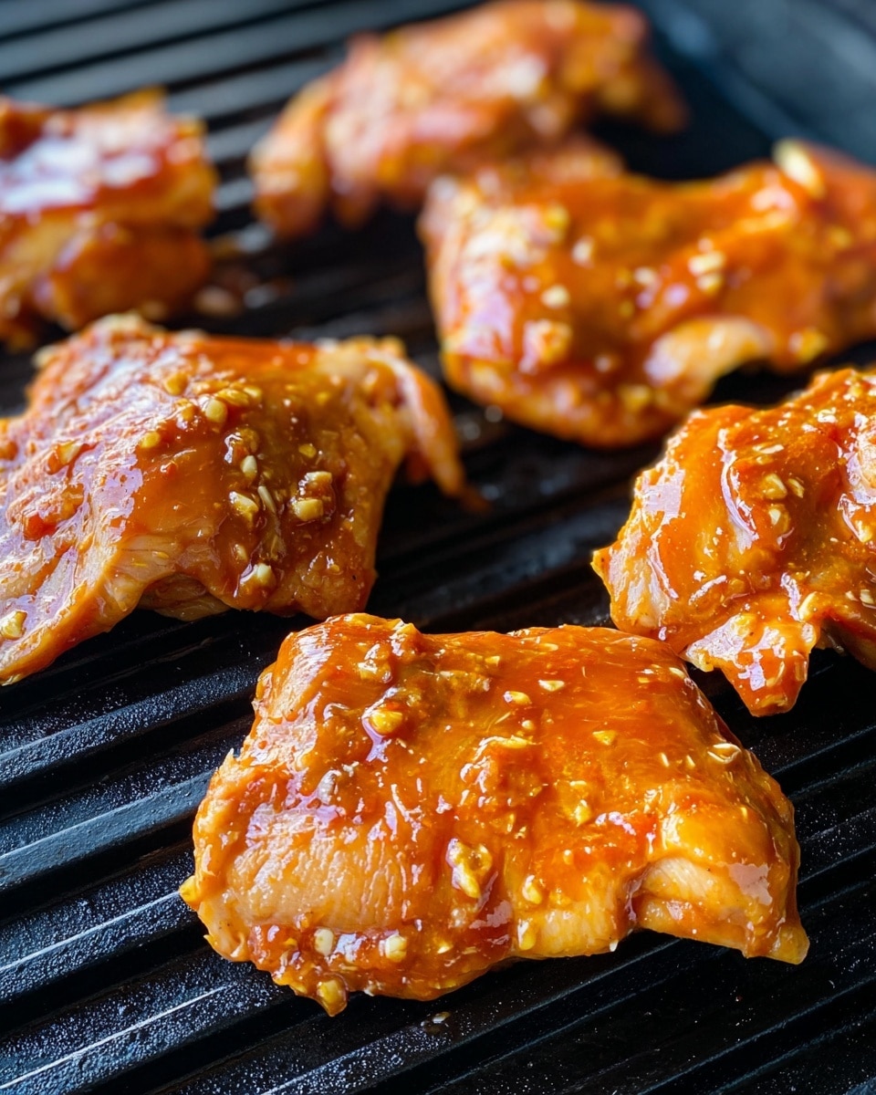 Several pieces of marinated raw chicken thighs with a shiny reddish-orange glaze are placed on a black grill with parallel ridges. The chicken pieces have uneven shapes and a slightly bumpy texture, with small chunks of garlic and sauce spread unevenly across their surfaces. The grill lines create a dark contrast to the vibrant meat, highlighting the moisture and glossy marinade on each piece. The background shows the close-up of the grill bars, emphasizing the freshness and readiness for cooking. photo taken with an iphone --ar 4:5 --v 7
