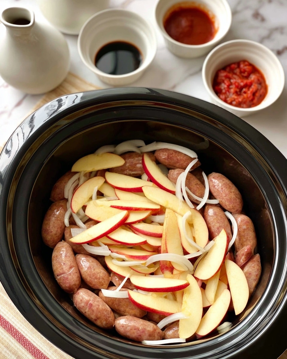 Inside a black slow cooker, there is one even layer of light brown sausages arranged in a circle, topped with two layers of thin, pale yellow apple slices with red edges, and thin white onion strips scattered on top. Around the slow cooker, on a white marbled surface with a light beige striped cloth underneath, there are white bowls and a white ceramic sauce bottle, some hold dark soy or sauce and one has chunky red sauce. Photo taken with an iphone --ar 4:5 --v 7