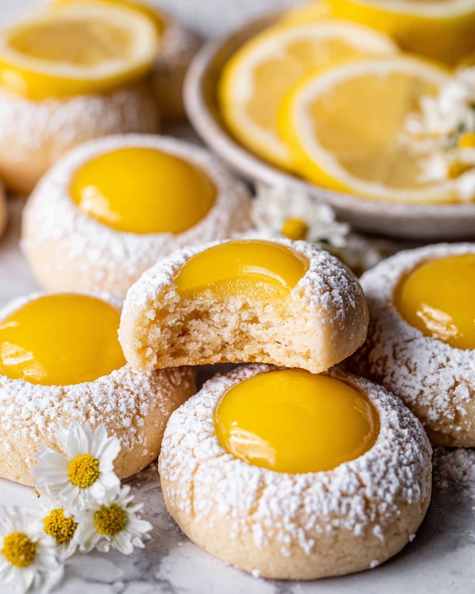 The image shows several round cookies dusted with white powdered sugar, each with a bright yellow glossy lemon curd filling in the center, forming a smooth, shiny dome. The cookies have a crumbly, light beige texture with one cookie slightly bitten to reveal a soft inner layer. In the background, there are slices of fresh lemon, a white plate filled with more lemon curd decorated with small white flowers, and a white marbled textured surface beneath everything. photo taken with an iphone --ar 4:5 --v 7