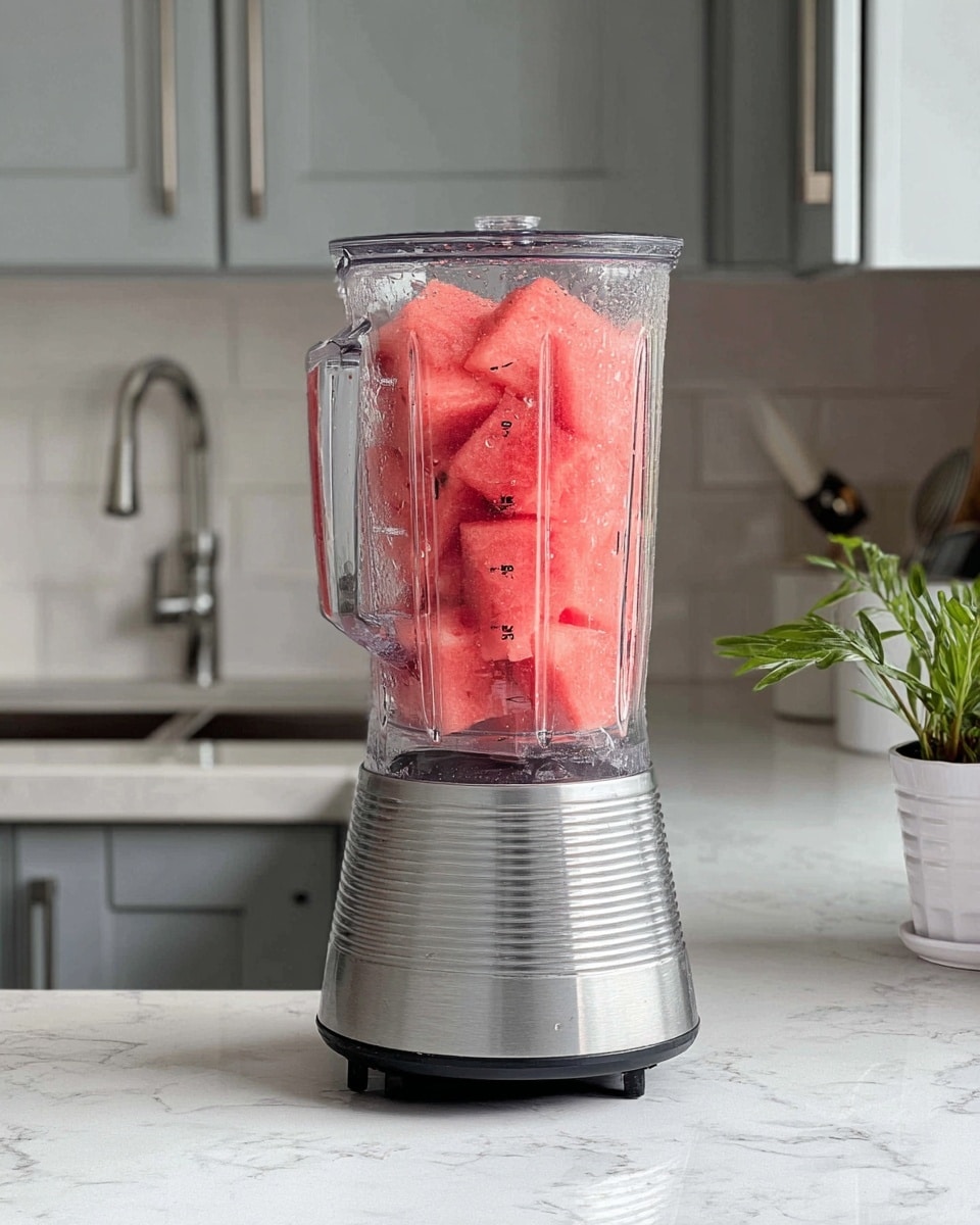 A silver blender with a clear container is filled with bright red and pink chunks of watermelon, stacked to the top. The blender sits on a white marbled countertop. Behind it, light gray kitchen cabinets and a white marbled backsplash with a chrome faucet and sink are visible, along with a white plant pot with green leaves on the right side. The blender container has measurement markings on it and condensation droplets. Photo taken with an iphone --ar 4:5 --v 7