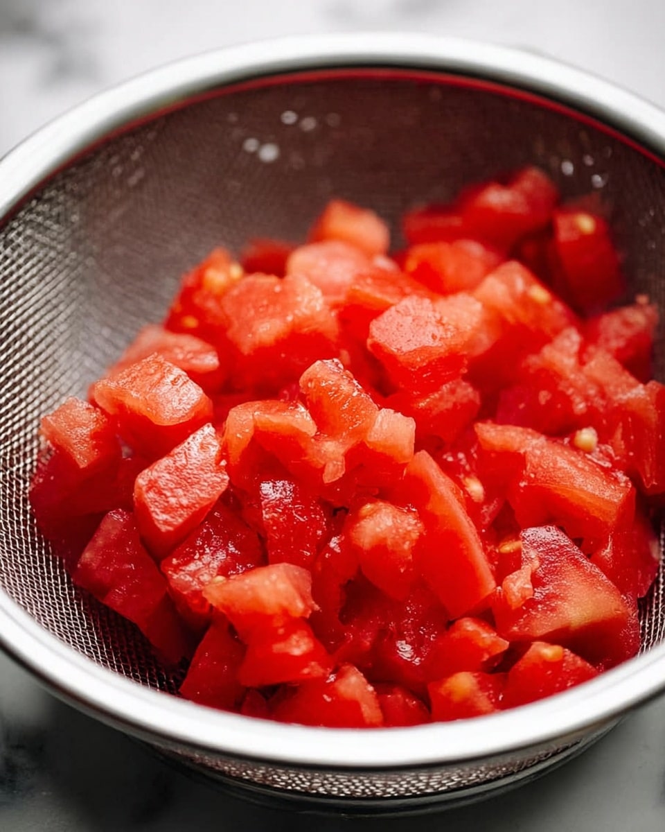 A close-up image shows bright red diced tomatoes inside a fine mesh strainer with a silver metal rim. The tomatoes are cut into small, uneven chunks with a juicy and slightly shiny texture. The background surface is white with a marbled pattern, visible around the strainer. The focus is on the tomatoes with soft lighting highlighting their freshness and moisture. Photo taken with an iphone --ar 4:5 --v 7
