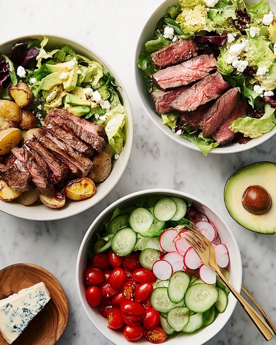 The image shows three white bowls of fresh salads on a white marbled surface. The top left bowl has four slices of medium-rare steak, showing a pink center and browned edges, arranged on top of green leafy lettuce, radicchio, sliced cucumber, avocado chunks, and small white cheese crumbles. The bottom left bowl contains several slices of grilled steak with a browned crust and pink middle, placed over sliced roasted potatoes and a mix of green lettuce, radicchio, and cherry tomatoes, with a gold fork resting inside. The right bowl features a simpler salad arranged in layers: sliced cucumbers on the top left, thinly sliced radishes in the middle, bright red cherry tomatoes piled on the bottom right, and a mix of leafy greens including green lettuce and radicchio spread around. A small wooden bowl with a piece of white and blue cheese and a halved avocado sit near the bowl on the white marbled surface. photo taken with an iphone --ar 4:5 --v 7