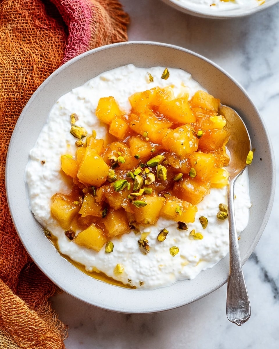 The image shows a white bowl filled with a thick layer of white cottage cheese or yogurt, topped with a mound of golden-orange cooked diced fruit, likely apples or pears, coated in a glossy sauce. There are small green pistachio pieces scattered over the fruit and around the edges. A silver spoon rests inside the bowl, scooping some of the fruit and white base. The bowl sits on a white marbled surface, with a textured orange cloth nearby. Photo taken with an iphone --ar 4:5 --v 7