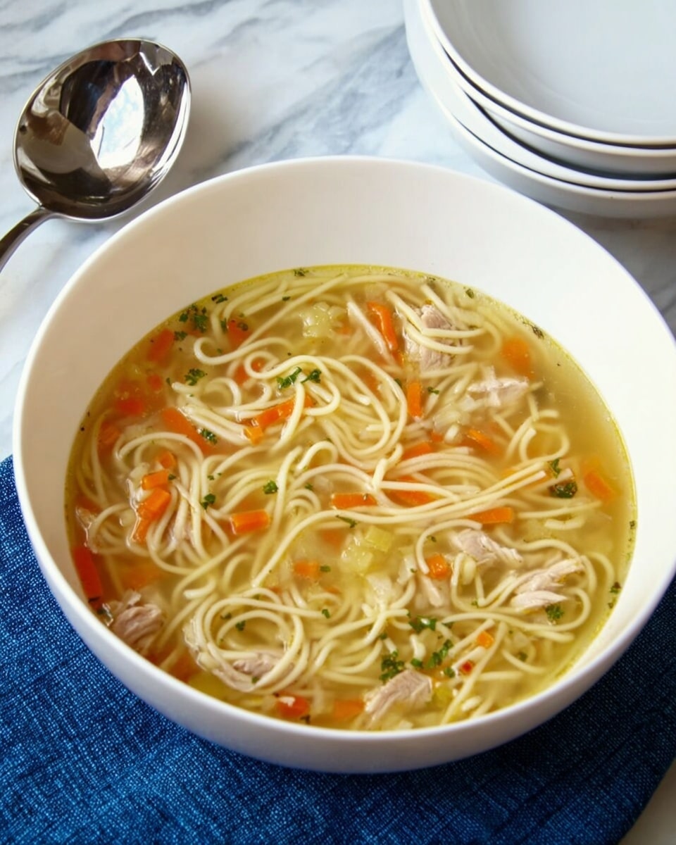 A white bowl filled with clear broth and long, thin noodles that swirl gently throughout the soup, mixed with small pieces of light-colored meat, orange carrot strips, and bits of green herbs and vegetables scattered in the liquid, all resting on a white marbled surface with a blue cloth underneath and a shiny metal ladle next to it, with a stack of plain white bowls in the background, photo taken with an iphone --ar 4:5 --v 7