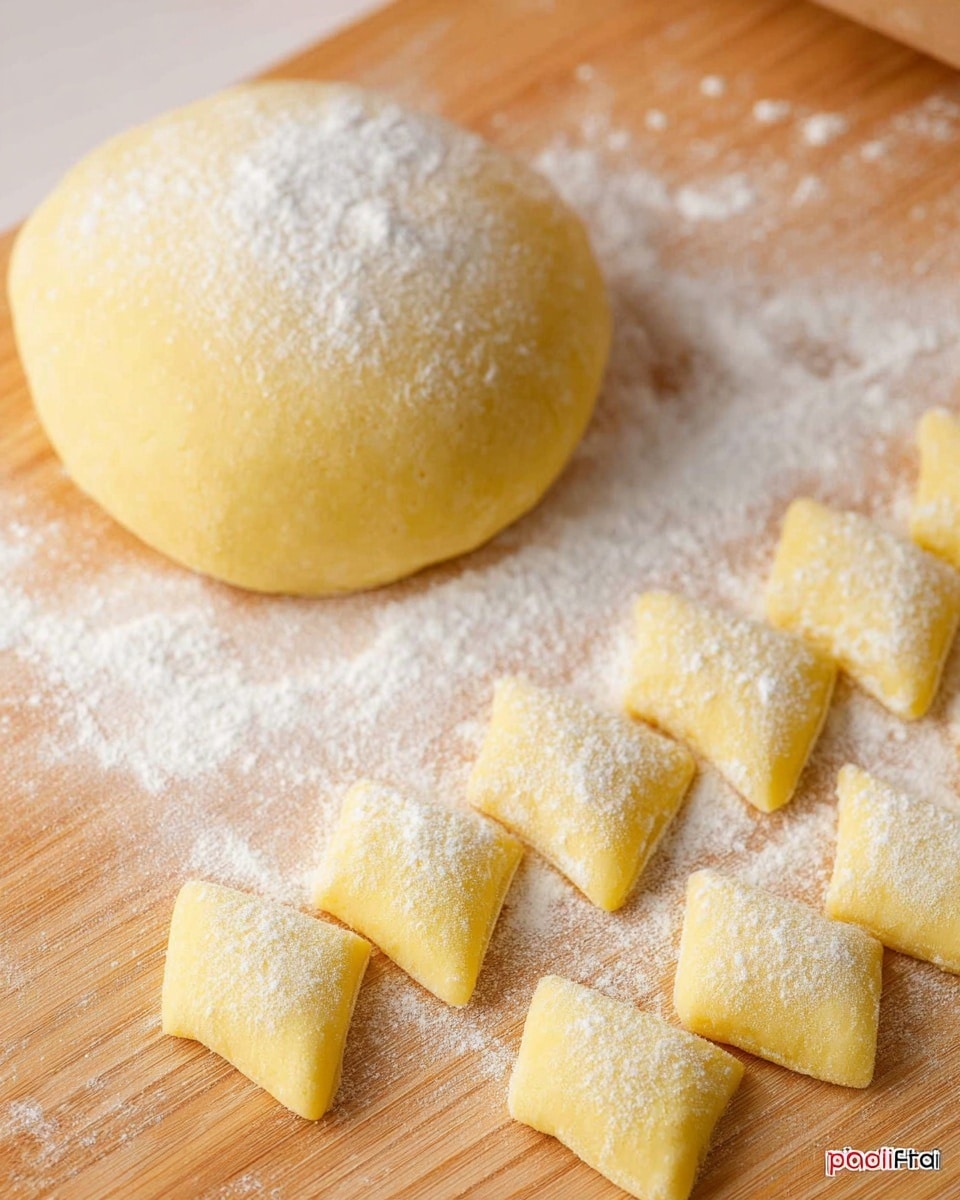 The image shows a light yellow dough ball with a smooth surface dusted with white flour on a light wooden board scattered with more flour. In front of it, there are small diamond-shaped pieces of dough arranged in rows with a dusting of flour, showing a soft texture. The background includes more flour sprinkled lightly on the wooden surface, creating a simple and clean cooking scene. photo taken with an iphone --ar 4:5 --v 7