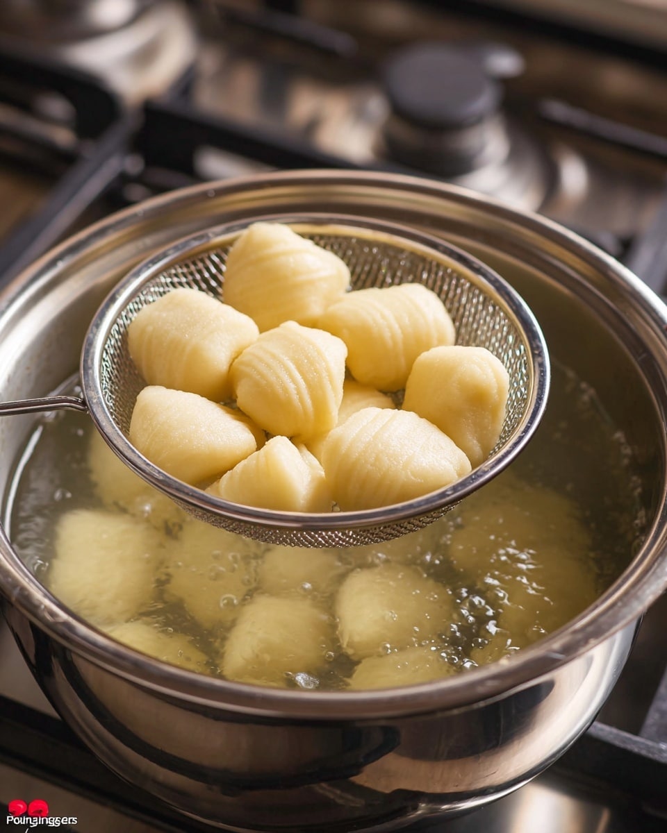 A metal round strainer is holding several small, soft, light yellow dumplings above a pot of boiling water. The dumplings are plump with a smooth, slightly shiny surface, and each has a simple rounded, pillow-like shape. Below, inside the shiny metal pot, more dumplings float in the clear water. The background is a close-up of a metal stove and part of the stove burner. The photo is taken with an iphone --ar 4:5 --v 7