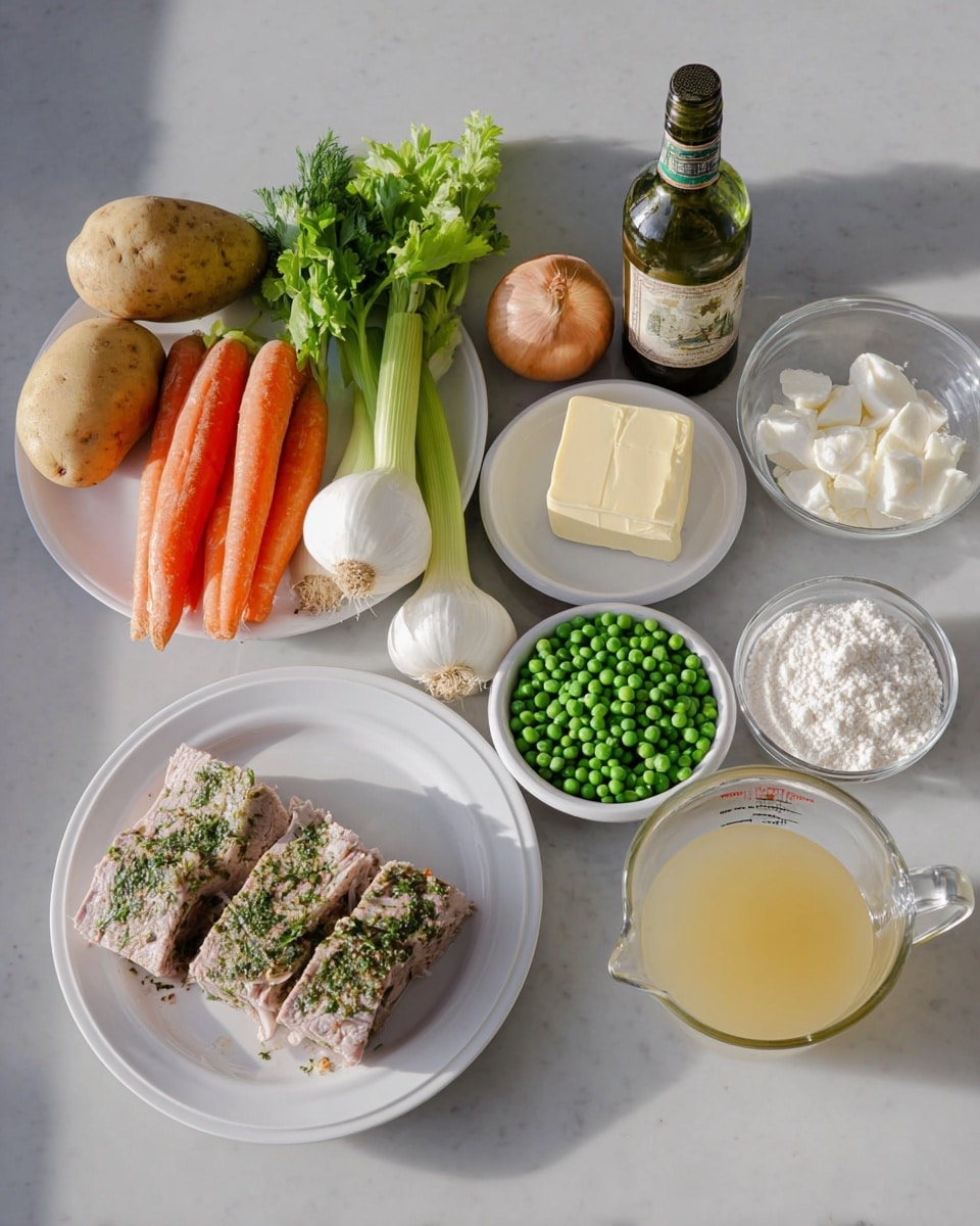 The image shows a collection of cooking ingredients neatly arranged on a white marbled surface. On the left, a white plate holds a potato, two onions, celery stalks, garlic cloves, several whole carrots, and a small bunch of fresh green parsley. To the right of the plate, there is a block of butter, a glass bottle of vermouth, a bowl of white pearl onions, a bowl of green peas, a clear measuring cup filled with light yellow broth, a smaller glass measuring cup with milk, and a small bowl of white flour. Further to the right, on another white plate, are several thick slices of cooked meat seasoned with green herbs. The setup is clean and organized, with natural light giving the ingredients bright and fresh colors. photo taken with an iphone --ar 4:5 --v 7