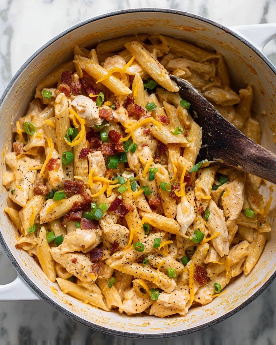 Inside a white pot on a white marbled surface, there is creamy pasta made with penne noodles covered in a light orange sauce. Mixed in are pieces of chicken with a light brown outside, small cubes of dark reddish-brown bacon, and bright green chopped scallions scattered on top. Some shredded yellow cheese is mixed in and sprinkled over the pasta. The dish is lightly speckled with black pepper. A dark wooden spoon is inside the pot, partially covered with the creamy pasta photo taken with an iphone --ar 4:5 --v 7