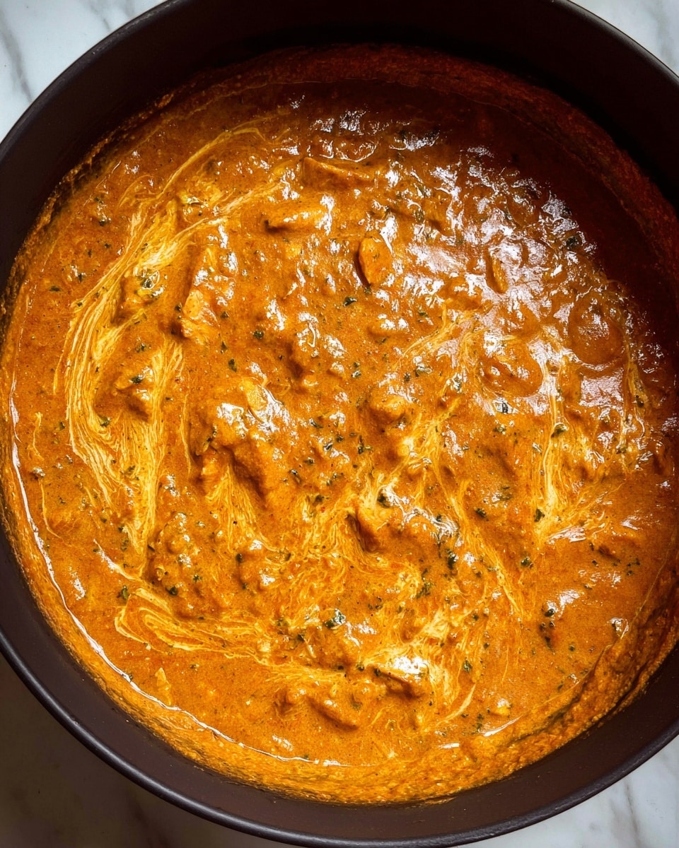 A close-up top view of a thick stew-like dish inside a black pot, showing one main layer of reddish-orange sauce with creamy texture and small chunks of food mixed in, the sauce has slight swirls of lighter cream running through it, giving it a rich and smooth look, the pot edges frame the entire dish, and the background is a white marbled texture photo taken with an iphone --ar 4:5 --v 7