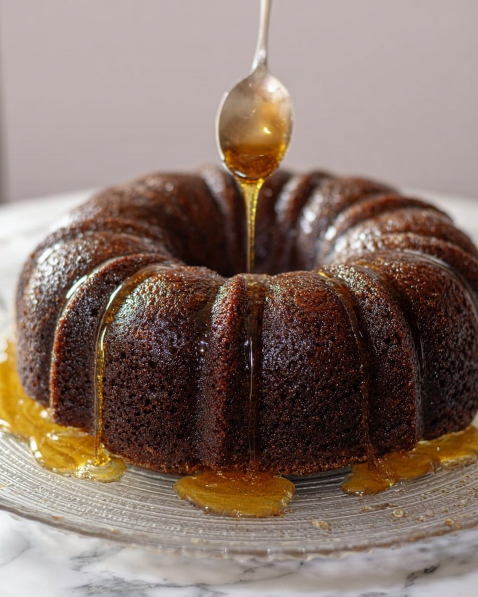 A dark brown bundt cake with a moist, textured surface sits on a clear glass plate on a white marbled surface. A spoon is held above the cake, dripping shiny golden syrup onto the top center, with some syrup flowing down the sides and pooling slightly on the plate. The cake has a ring shape with deep grooves and a dense look. photo taken with an iphone --ar 4:5 --v 7