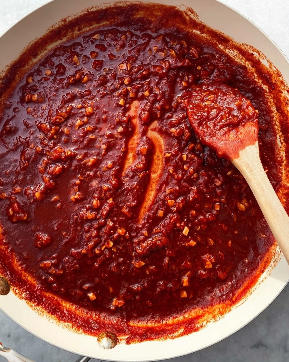 A close-up view of a white pan filled with a thick deep red sauce covered with small orange and brown diced vegetables. A wooden spoon with red sauce stains rests on the right side inside the pan, spreading the sauce unevenly near the edges. The sauce has a shiny, smooth texture with visible chunks, and some sauce is spread thinly along the white pan edges. The surface under the pan is a white marbled texture. photo taken with an iphone --ar 4:5 --v 7