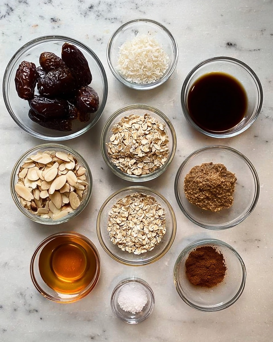 Nine small clear glass bowls are arranged randomly on a white marbled surface, each holding a different ingredient. One bowl has dark brown dates with a wrinkled texture. Another bowl holds off-white shredded coconut. A smaller bowl contains a dark brown liquid, most likely vanilla extract. One bowl has light brown almond butter with a smooth texture. A medium bowl is filled with pale beige rolled oats. Another bowl has sliced almonds in an off-white to light brown color. A small bowl contains a golden amber liquid, possibly maple syrup. Another tiny bowl holds coarse white salt crystals. The last bowl has brown ground cinnamon powder. Photo taken with an iphone --ar 4:5 --v 7