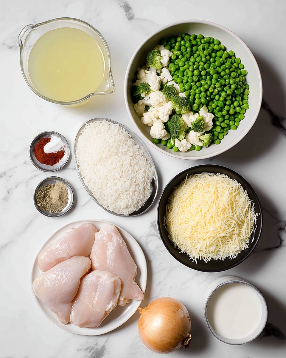 The image shows a white marbled surface with several bowls and plates with cooking ingredients arranged around. At the top right, a large white bowl is filled with bright green peas mixed with small pieces of white cauliflower and a few broccoli florets. To its left, a clear measuring cup holds light yellow broth. Below the measuring cup, a small round silver plate has several spices including red powder, beige powder, and black pepper. To the right of this, a black bowl is filled with shredded white and yellow cheese. Below, a white plate with a black rim holds raw, pale pink pieces of chicken. Next to it, a white bowl holds dry white rice, and to its left is a brown onion. At the bottom center, a small white bowl holds milk. The setup is clean and organized, ready for cooking. photo taken with an iphone --ar 4:5 --v 7