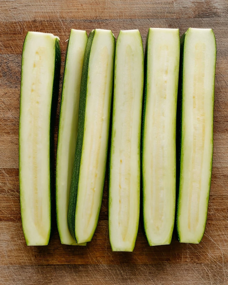 Six thin, long slices of light green zucchini with darker green edges are arranged side by side on a wooden board. Each piece is smooth and even in thickness, showing the pale inner flesh surrounded by a thin green skin. The wooden board beneath has a warm brown color and natural grain texture, contrasting with the fresh zucchini. The scene is simple and clean, focusing on the fresh vegetable slices. Photo taken with an iphone --ar 4:5 --v 7