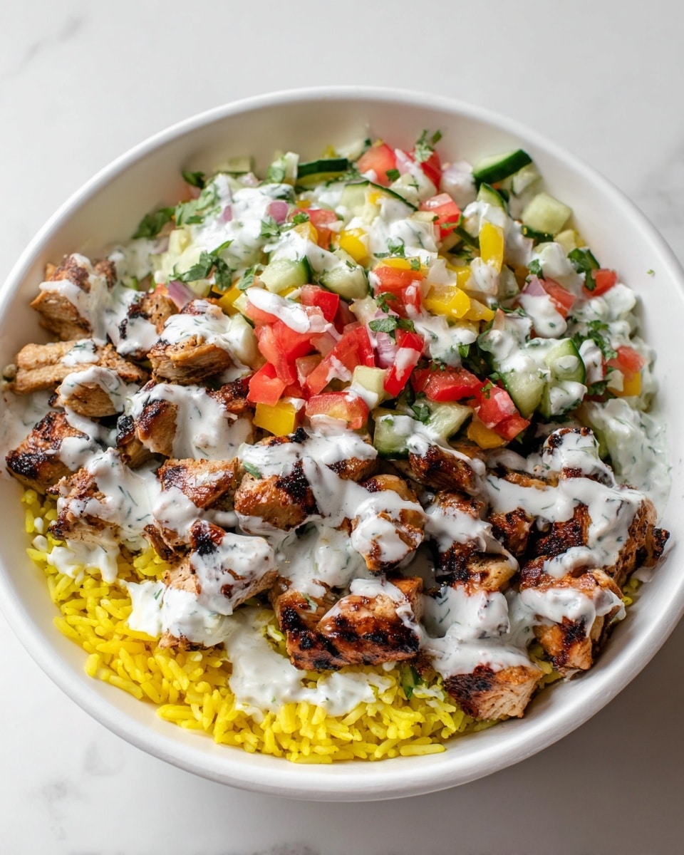 A white round bowl sits on a white marbled surface filled with three main layers: the bottom layer is bright yellow rice, the middle layer is grilled chicken chunks with a slightly charred brown texture, and the top layer consists of a fresh salsa made of finely chopped red, yellow, and green bell peppers, cucumber, and herbs, all covered in a creamy white sauce drizzled evenly over everything, photo taken with an iphone --ar 4:5 --v 7
