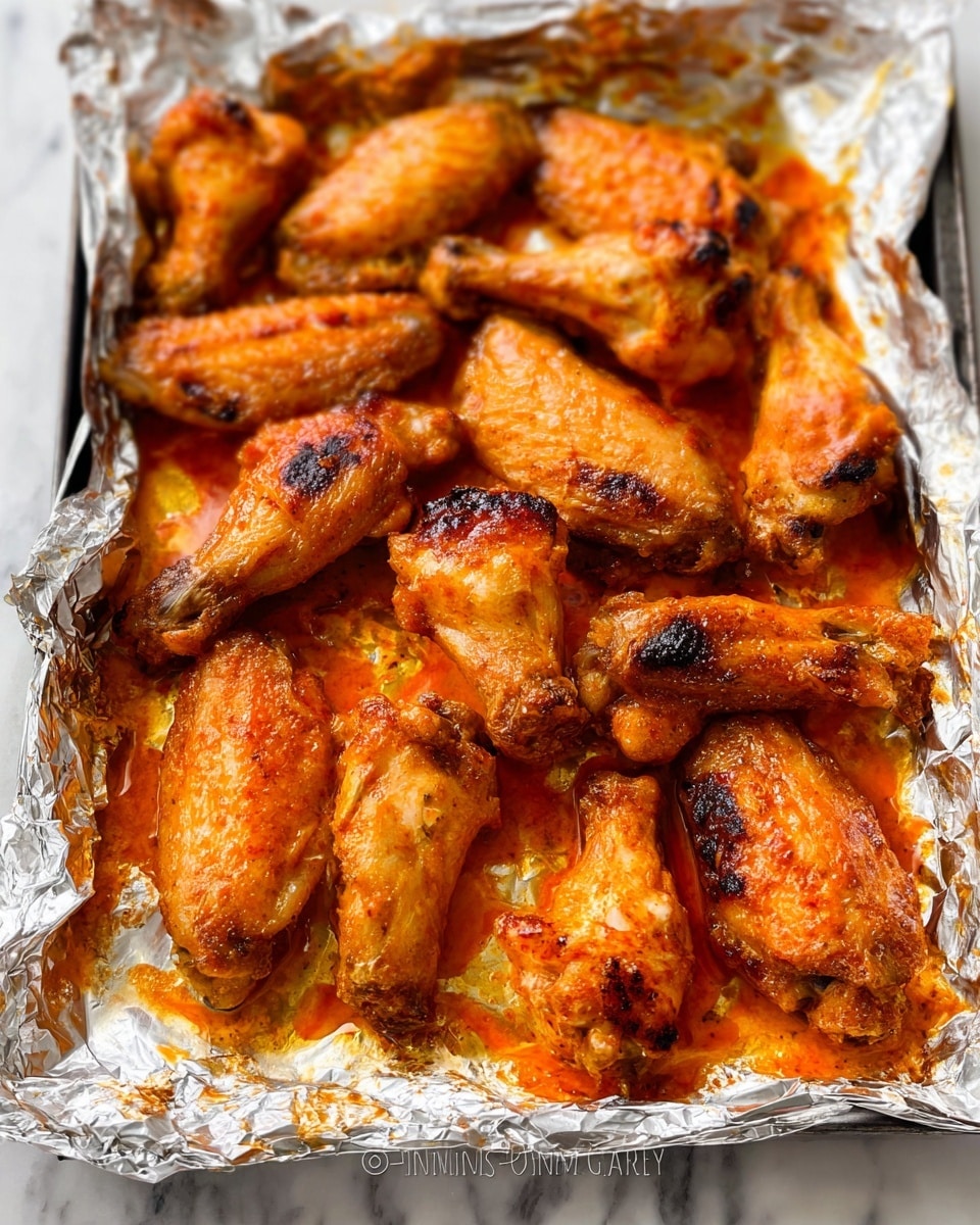 A tray lined with silver foil holds about fifteen chicken wings covered in a bright orange sauce, with a smooth and glossy texture showing some oil pooling around the wings. The wings are cooked to show a mix of crispy and slightly charred skin, arranged close together but not stacked, filling the tray with some sauce visible between them. The orange sauce contrasts with the lightly browned wings and the shiny silver foil beneath. The background is a white marbled surface photo taken with an iphone --ar 4:5 --v 7
