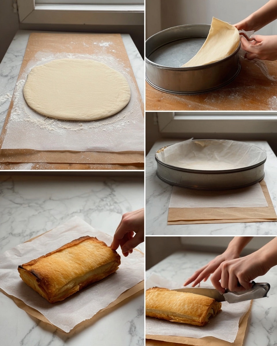 The collage shows a pastry-making process on a wooden surface with a white marbled texture background. Top left image displays a smooth, rolled-out dough sheet with light flour dusting. In the top middle, a woman’s hand holds the dough while a round metal pan presses into it, showing a curved cut line. The top right picture reveals a rectangular dough piece placed flat on baking paper. Bottom left shows a golden-brown, puffed-up baked pastry on parchment paper. The bottom middle image captures a woman’s hand pressing down a round pan on the baked pastry, slightly shaping it. Lastly, bottom right displays a woman’s hand with a knife slicing the golden pastry on parchment paper. photo taken with an iphone --ar 4:5 --v 7