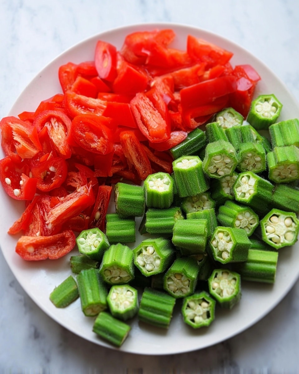 A white round plate holds two piles of vegetables arranged side by side. On the left side, there is a heap of bright red, sliced pieces with smooth skin and a shiny texture. On the right side, there is a pile of vibrant green cut okra, each piece showing the round cross section with small white seeds inside, giving a fresh and crisp look. The plate sits on a white marbled surface. photo taken with an iphone --ar 4:5 --v 7
