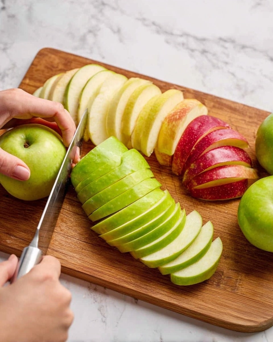 A wooden cutting board on a white marbled surface holds several sliced apples in different colors: bright green, pale yellow, and red with yellow tones. The green apple slices are in the center, arranged in a layered fan shape showing their shiny green skin and juicy white flesh. To the right, there are pale yellow apple slices stacked loosely, and next to them are red apple slices with a gradient from red to yellow, also layered and slightly tilted. A woman’s hand holds one green apple steady while another woman’s hand uses a silver knife with jagged edges to slice the green apple. Photo taken with an iphone --ar 4:5 --v 7