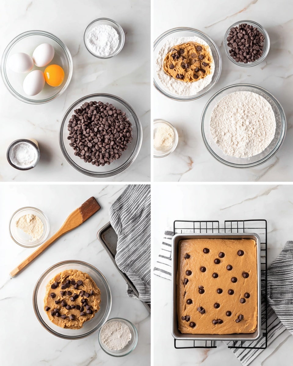 The image shows six frames of chocolate chip cookie dough preparation on a white marbled surface. Top left has three glass bowls with two white eggs, dark brown chocolate chips, and white flour. Top right frame shows a bowl with light brown dough and white powder on top, with chocolate chips and flour in small bowls nearby. Bottom left frame has a wooden spatula and a metal tray on white marbled surface beside a glass bowl with light brown dough and chocolate chips added. Bottom center frame shows chocolate chips on top of a mixed brown dough in a glass bowl. Bottom right frame shows a metal square baking pan filled with smooth light brown dough, with chocolate chips evenly spread on top. Near the parts are a striped gray and white cloth and a black wire cooling rack. photo taken with an iphone --ar 4:5 --v 7