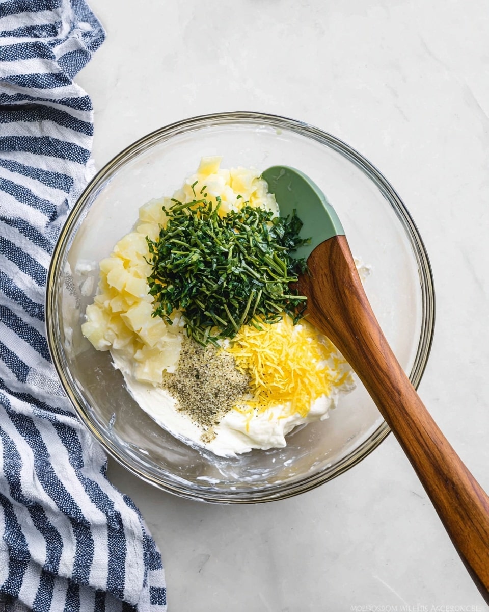 A clear glass bowl sits on a white marbled surface with a wooden and green silicone spatula inside. The bowl contains five visible layers: a thick white creamy base at the bottom, chopped pale yellow pieces on the left, a bunch of fresh bright green herbs piled on the top right, a sprinkling of black pepper near the bottom center, and finely grated bright yellow zest on the right. A blue and white striped cloth is partially visible on the left side of the image. Photo taken with an iphone --ar 4:5 --v 7