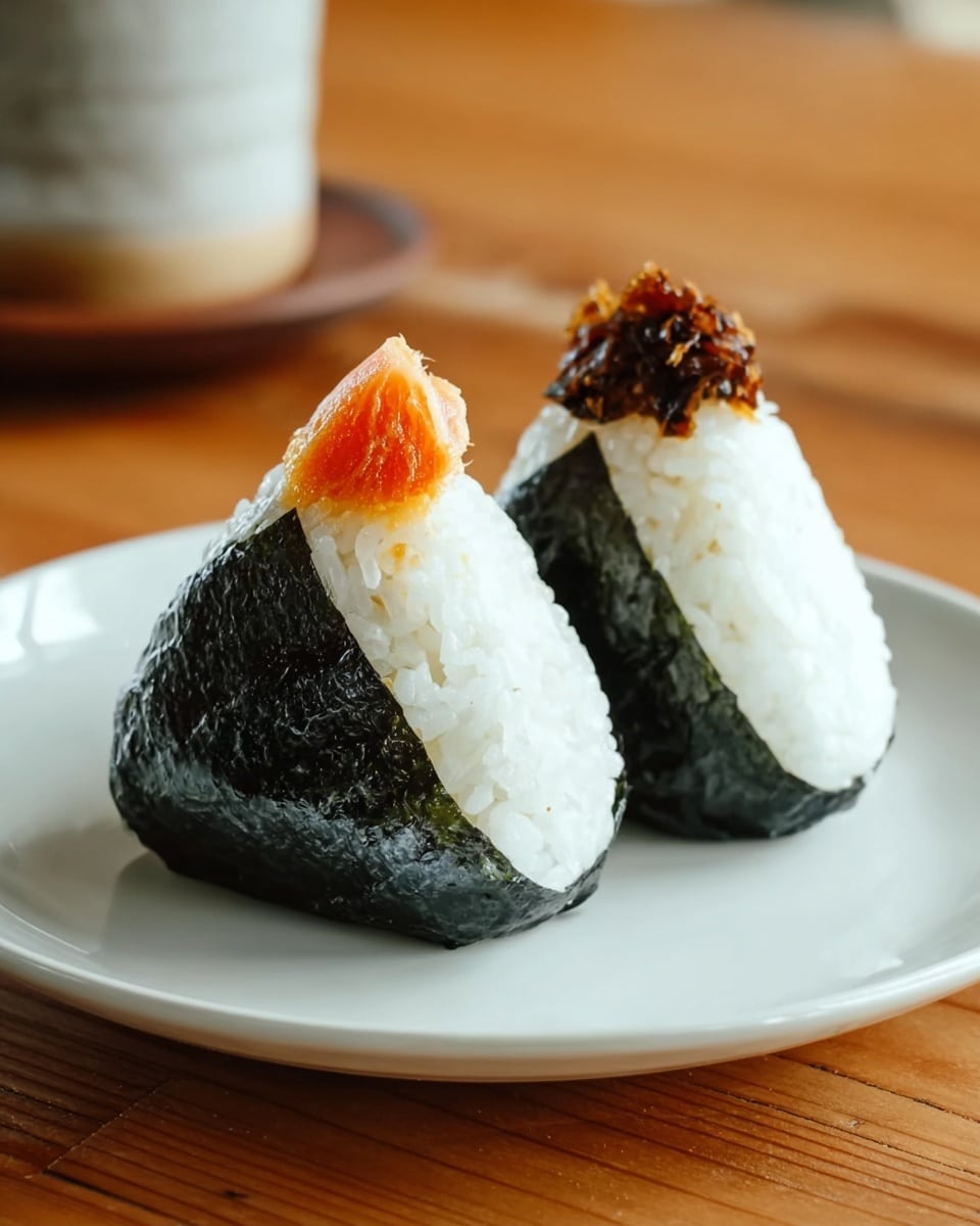 Two triangular onigiri rice balls are placed on a white plate. Each onigiri has a base layer of black seaweed wrapped around it, covering the bottom and sides. The top part shows a mound of white sticky rice with a smooth texture. One onigiri is topped with a small piece of orange salmon, while the other has a small heap of dark brown dried fish flakes. The plate is on a wooden table with a warm, natural look. photo taken with an iphone --ar 4:5 --v 7
