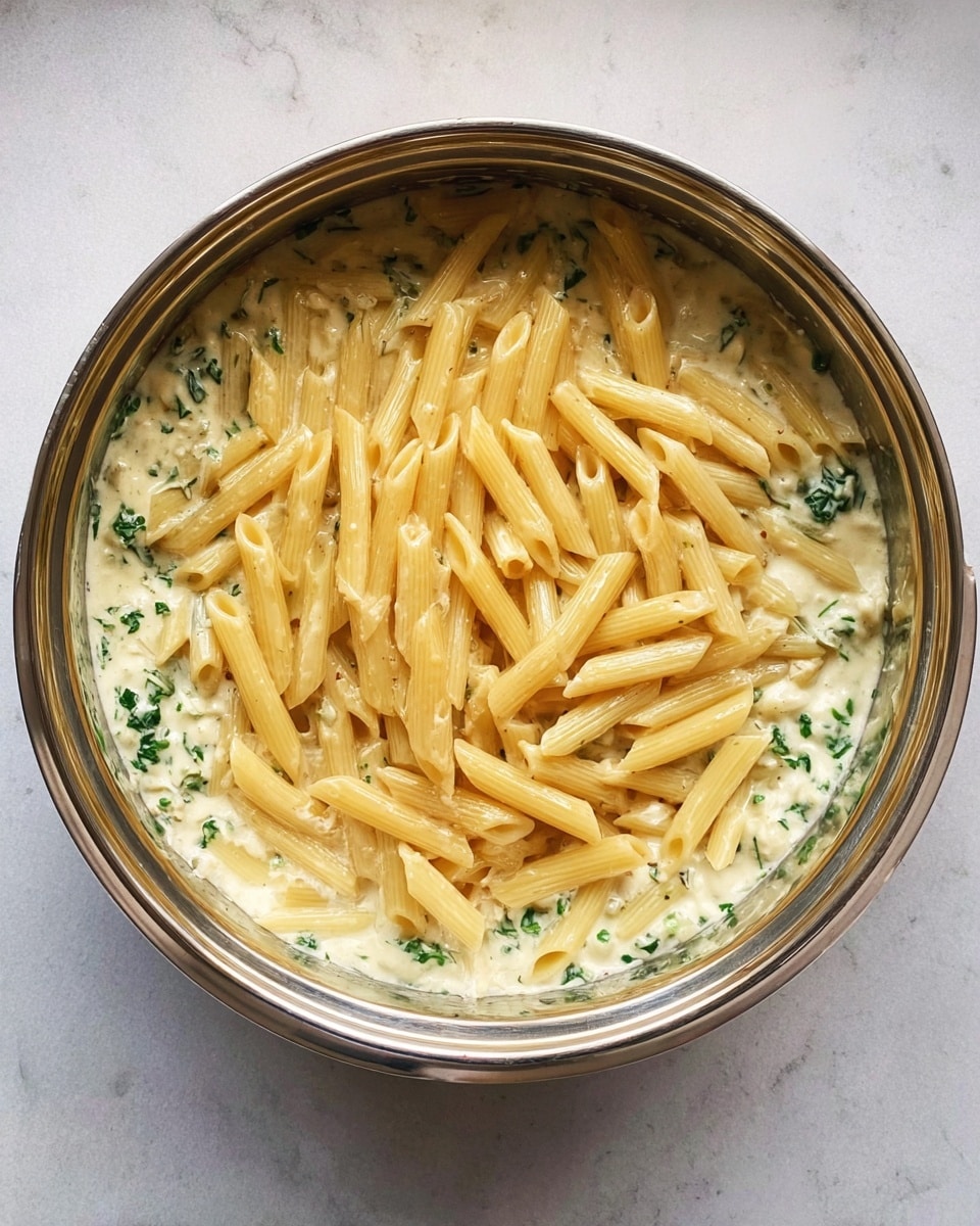 A silver pot sits on a white marbled surface, filled with two distinct layers. The bottom layer is creamy and white with small green leafy pieces, creating a textured appearance. On top of this creamy mixture is a thick layer of pale yellow penne pasta, placed evenly across the surface, showing the pasta's ridged texture and tubular shape. photo taken with an iphone --ar 4:5 --v 7