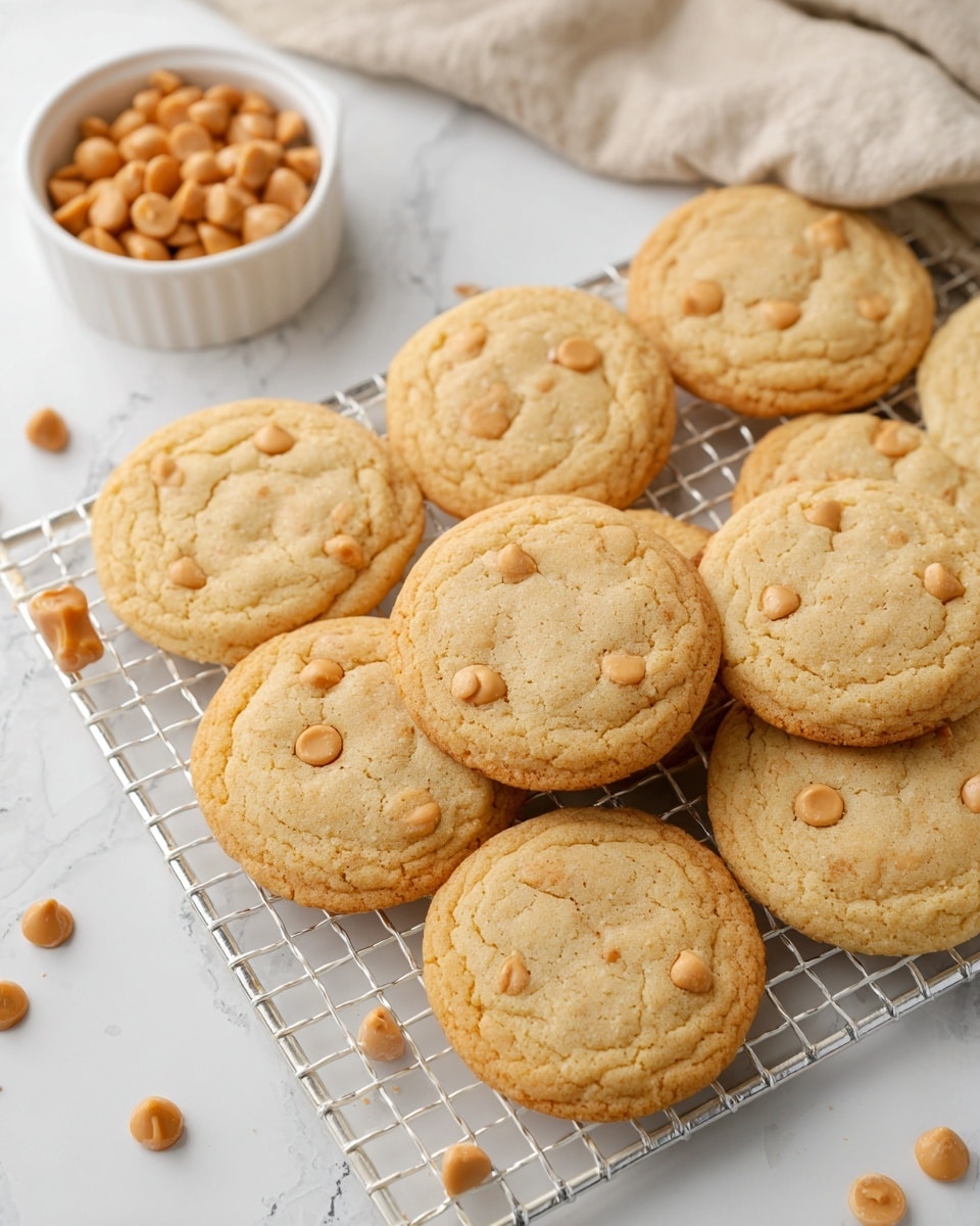 A close-up view of nine round, golden-brown cookies with light caramel chips scattered throughout each cookie, arranged on a white wire cooling rack. The cookies have a slightly cracked texture on top, showing a soft, baked surface. In the background on the left, a small white bowl holds extra caramel chips, with a few chips scattered casually on the white marbled surface around the cooling rack. A beige cloth is softly draped behind the cookies. Photo taken with an iphone --ar 4:5 --v 7