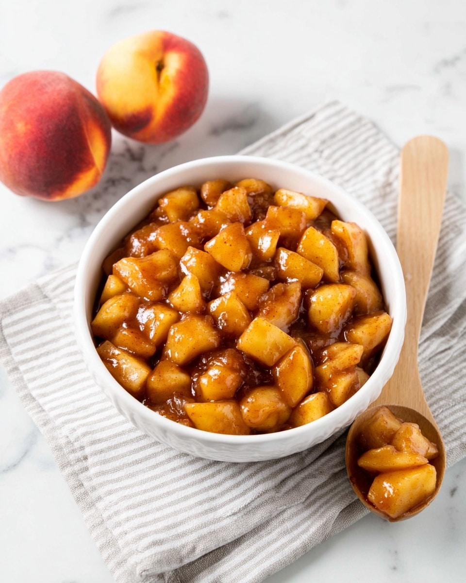 The image shows a white bowl filled with small, glossy, golden-brown apple pieces covered in a cinnamon sauce. The bowl rests on a light gray cloth with white stripes, placed on a white marbled surface. Next to the bowl is a wooden spoon, holding a few apple pieces coated in the same sauce. Two whole peaches with red and yellow skin sit nearby on the cloth, adding a fresh touch to the setting. The photo taken with an iphone --ar 4:5 --v 7