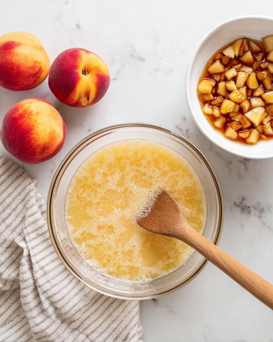 A clear glass bowl in the center holds a light yellow, frothy mixture with a wooden spoon resting inside, its handle extending out toward the right side of the image. To the upper right of the bowl is a white bowl filled with small, golden-brown diced pieces sitting in a darker brown liquid. On the left side, three whole red and yellow peaches sit on top of a light gray striped cloth. The scene is set on a smooth white marbled surface. photo taken with an iphone --ar 4:5 --v 7
