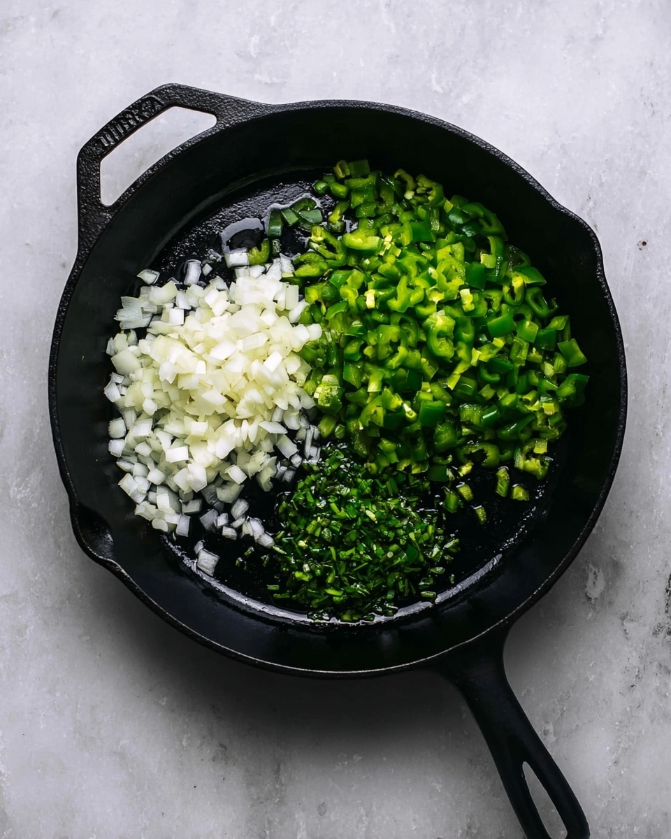 A black cast iron skillet sits on a white marbled surface, containing three piles of chopped vegetables. On the left side is a pile of white onion pieces, above it is a pile of medium green bell pepper pieces, and to the right is a smaller pile of finely chopped dark green chili peppers. The skillet's surface is shiny with oil, reflecting light softly. The handle extends to the right, and the overall image is simple with a clean and fresh look. photo taken with an iphone --ar 4:5 --v 7