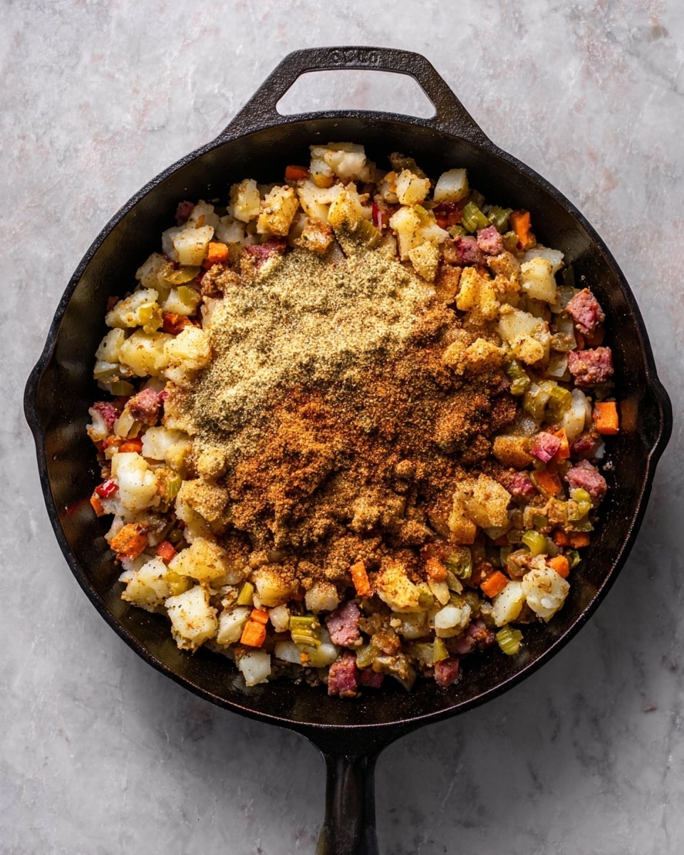 A black cast iron skillet filled with a mixture of small white potato chunks, pink cubes of meat, and bits of green and orange vegetables, topped with a heap of brown and light tan spices in the center. The dish looks hearty with a textured, slightly uneven surface, showing the different ingredients layered together. The skillet rests on a white marbled surface. photo taken with an iphone --ar 4:5 --v 7
