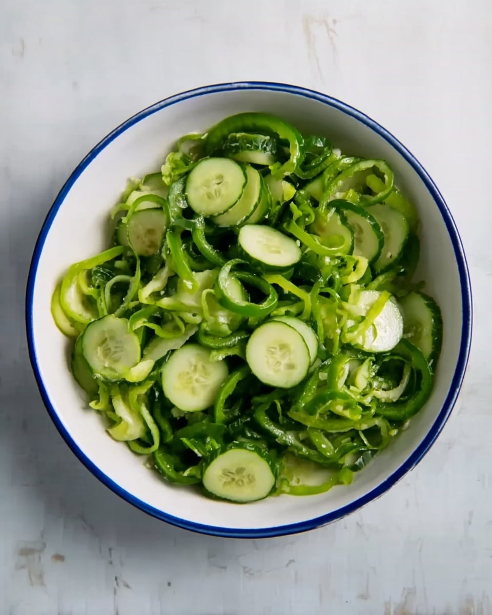 A white bowl with a blue rim contains a fresh green salad made of thinly sliced cucumbers and green bell peppers. The cucumbers are cut into round slices with light green centers and darker green edges, scattered evenly throughout the bowl. The green bell peppers are cut into uneven curly strips, adding texture and volume, layered under and mixed with the cucumber slices. The bowl sits on a white marbled surface, making the green colors of the salad stand out clearly. photo taken with an iphone --ar 4:5 --v 7
