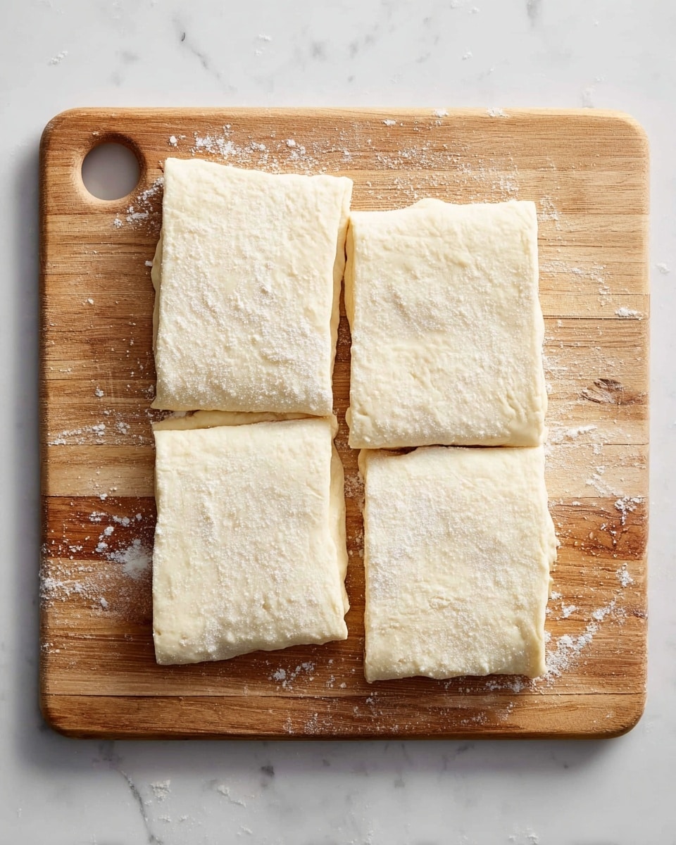 The image shows four rectangular pieces of light beige dough laid flat on a wooden cutting board with rounded corners and a circular hole on the top left side. The dough pieces are evenly spaced, with two pieces on top and two on the bottom, each having a smooth and slightly textured surface with some visible light patches of flour. The cutting board sits on a white marbled surface. photo taken with an iphone --ar 4:5 --v 7