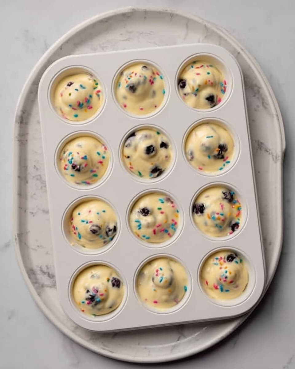 A white rectangular baking tray with twelve round wells filled with light yellow batter mixed with small dark blueberries in each well, the tray is decorated with colorful small sprinkles scattered over the batter tops. The tray is placed on a large white plate with a subtle gray marbled pattern, and the setup rests on a white marbled surface. photo taken with an iphone --ar 4:5 --v 7