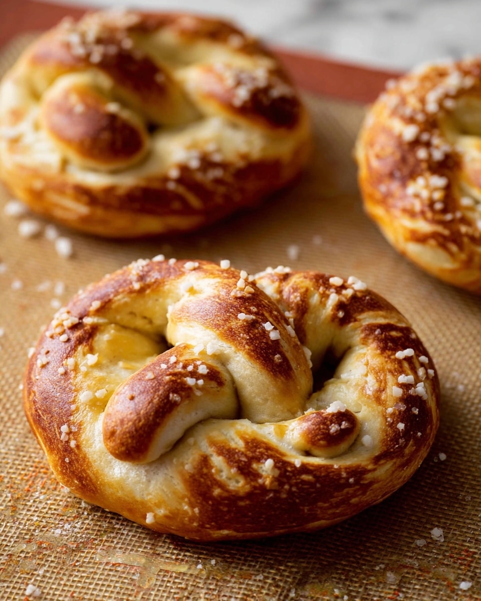 The image shows three soft pretzels with a golden brown crust on a light brown baking mat, sprinkled with coarse salt crystals. Each pretzel has a thick, twisted shape with a darker, crispier top layer and lighter smooth dough beneath. The coarse salt adds texture and a bit of shine. The pretzels are arranged in a loose triangle, with one pretzel in the foreground and two slightly out of focus in the back on a white marbled surface. photo taken with an iphone --ar 4:5 --v 7