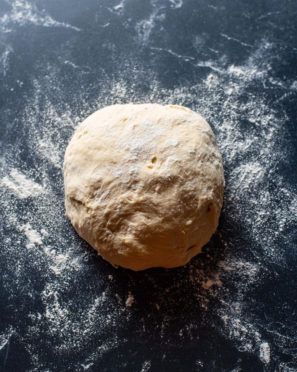 A single ball of dough sits on a dark surface sprinkled with white flour. The dough is round with a slightly uneven texture and a soft light beige color. There is a light dusting of flour on top of the dough, giving it a powdery look in places. The background is a white marbled texture. photo taken with an iphone --ar 4:5 --v 7
