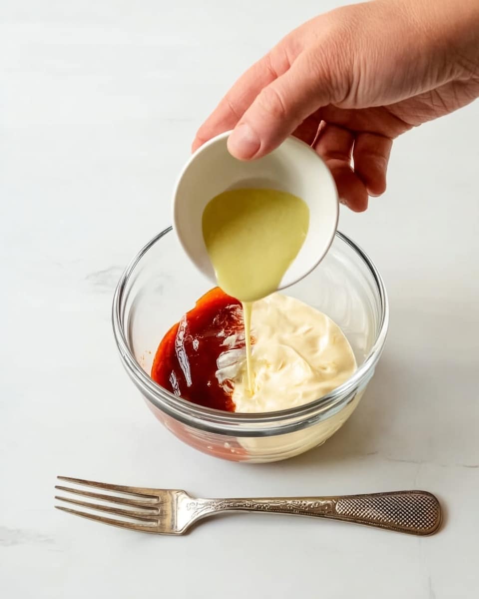 A glass jar filled with thick, creamy light orange sauce with small lumps visible on the surface. A wooden spoon is stuck inside the jar, slightly angled towards the viewer. The jar sits on a wooden coaster with a folded light beige cloth underneath. In the background, there’s a white marbled surface with a few sprigs of green herbs and garlic cloves scattered around, along with a blue and white striped cloth partially visible on the right side. photo taken with an iphone --ar 4:5 --v 7