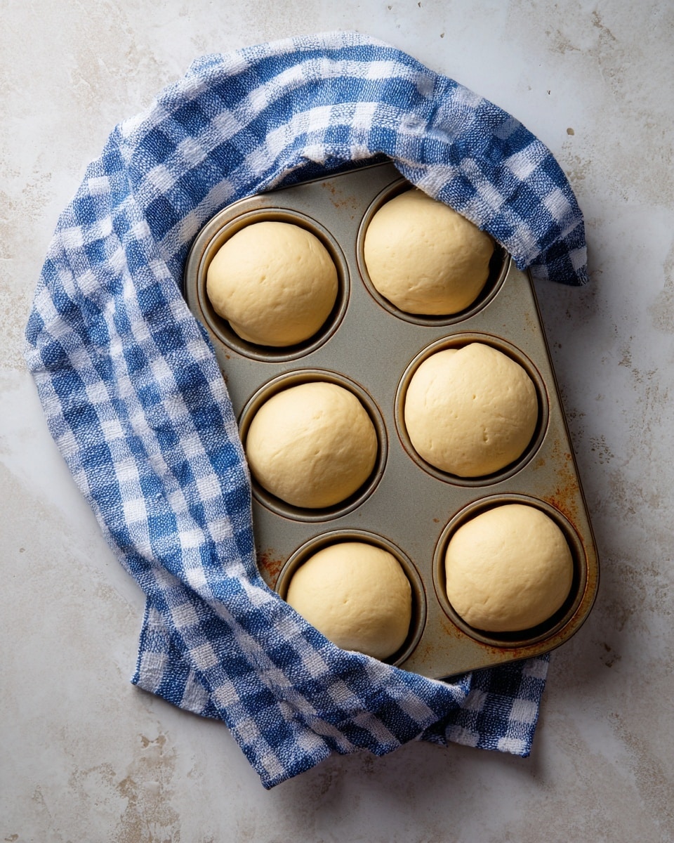 The image shows a metal muffin tray with six rounded dough balls resting inside its cups, each dough ball made of three smaller dough sections joined together, with a smooth, pale beige surface. The dough balls are partially covered by a blue and white checkered cloth draped over the back half of the tray. The tray is placed on a surface that has a white marbled texture. Photo taken with an iphone --ar 4:5 --v 7