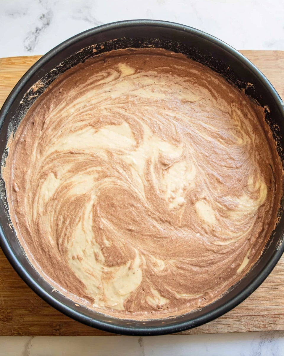 A round black baking pan filled with a thick cake batter showing two mixed layers swirled together: a light beige layer and a light brown layer, creating a marbled effect on the surface. The batter reaches near the top edge of the pan, which has some light smears of batter on the sides. The pan is placed on a wooden surface, but the background should be imagined as a white marbled texture. Photo taken with an iphone --ar 4:5 --v 7